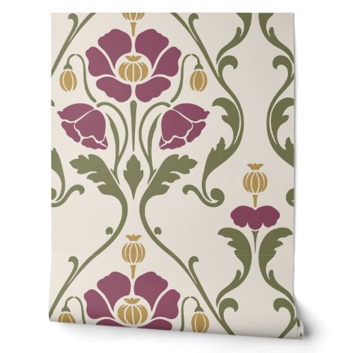 Mulberry Plum and Olive Art Nouveau Poppy Damask Wallpaper