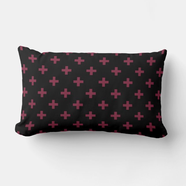 Mulberry polka crosses on black lumbar pillow (Front)