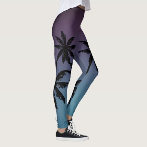 Mulberry Purple Blue Teal Fade Black Palm Trees Leggings