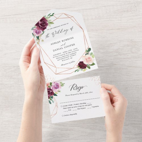 Mulberry Purple Blush Floral Geometric Wedding All In One Invitation