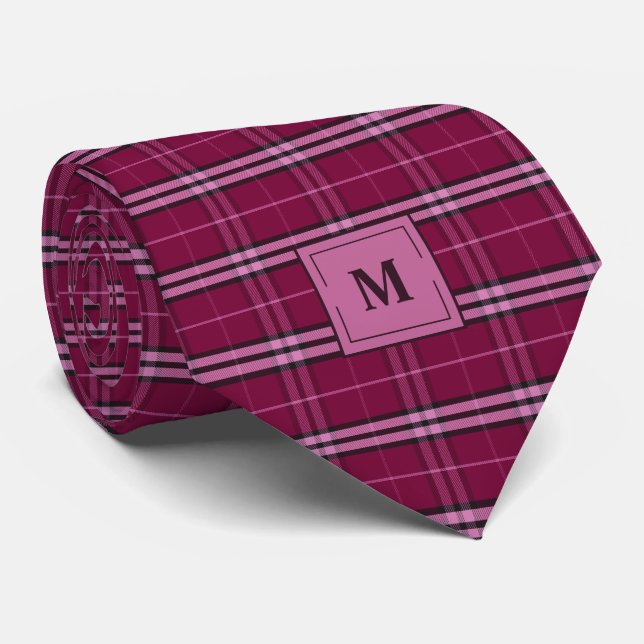 Mulberry Red Plaid Monogrammed Neck Tie (Rolled)