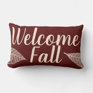 Mulberry Red Welcome Fall Leaves Personalized Lumbar Pillow