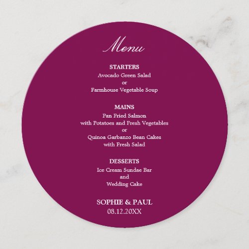 Mulberry Round Wedding Menu