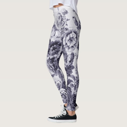 Mulberry Toned Black  White Vintage Floral Toile Leggings