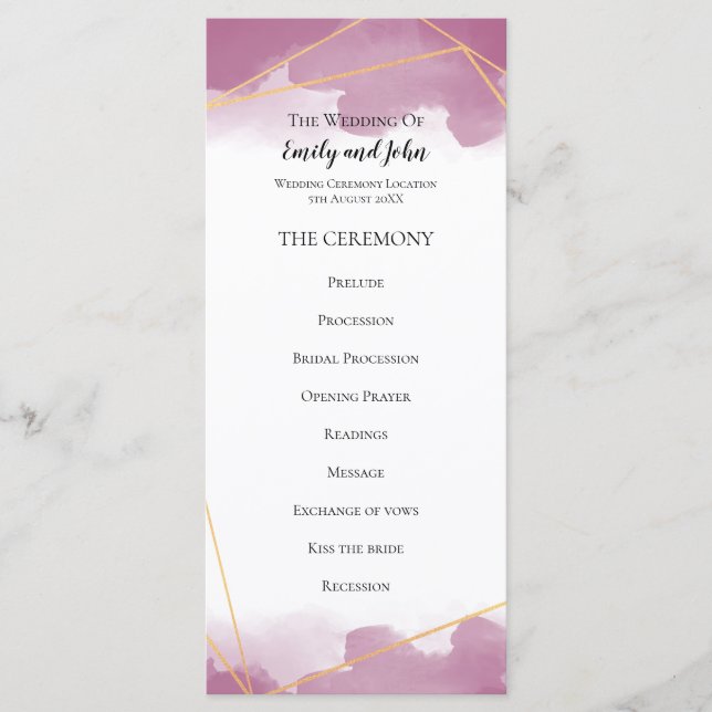 Mulberry Watercolor Gold Geometric Lines Wedding Program (Front)