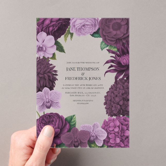 Mulberry Wine, Deep Fig & Dusty Lavender Wedding Acrylic Invitations (Insitu (Handheld))