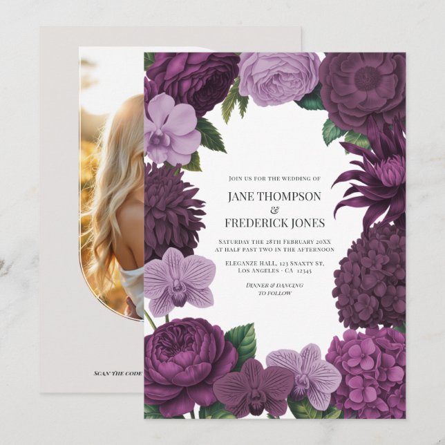 Mulberry Wine, Deep Fig & Dusty Lavender Wedding Invitation (Front/Back)