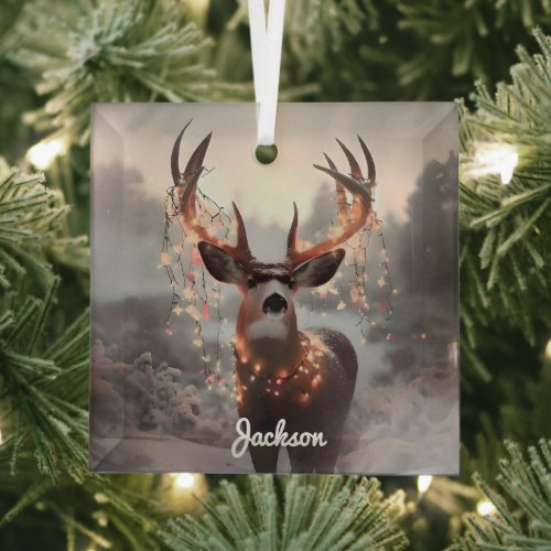 Mule Deer and Christmas Lights Glass Ornament