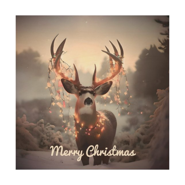 Mule Deer and Christmas Lights Wood Wall Art (Front)
