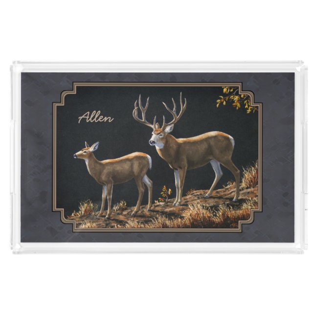 Mule Deer Buck and Doe Gray Custom Acrylic Tray (Large)