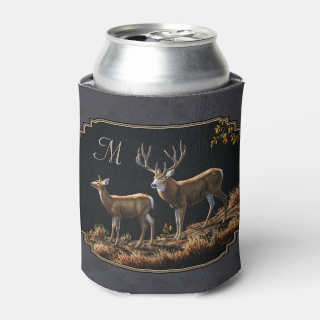 Mule Deer Buck and Doe Gray Custom Can Cooler (Can Front)