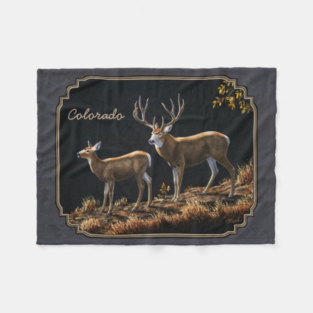 Mule Deer Buck and Doe Gray Custom Fleece Blanket (Front (Horizontal))