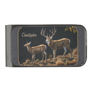 Mule Deer Buck and Doe Gray Custom Gunmetal Finish Money Clip