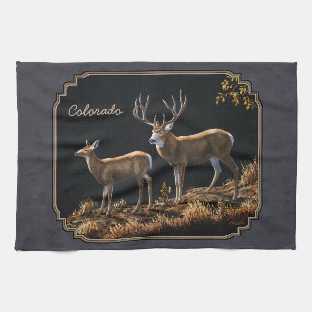 Mule Deer Buck and Doe Gray Custom Towel (Horizontal)