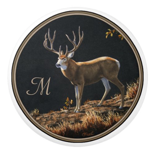 Mule Deer Buck Autumn Trophy Antlers Monogram Ceramic Knob