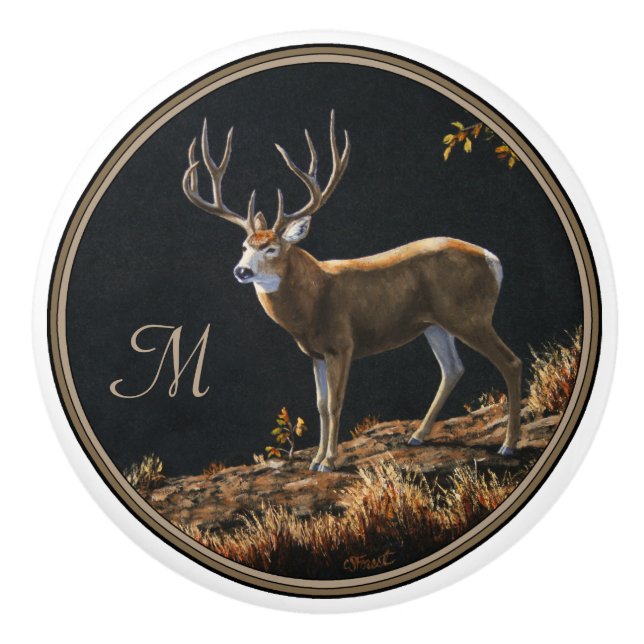 Mule Deer Buck Autumn Trophy Antlers Monogram Ceramic Knob (Front)
