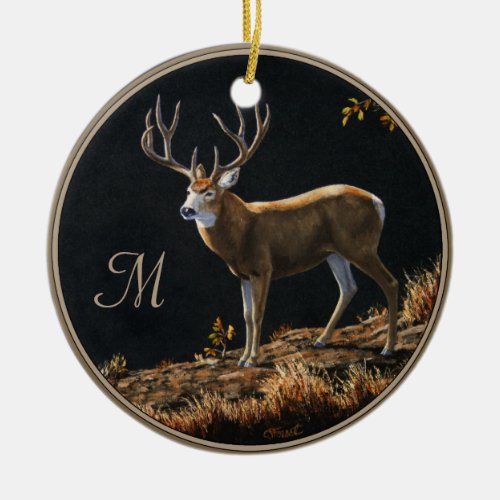 Mule Deer Buck Autumn Trophy Antlers Monogram Ceramic Ornament