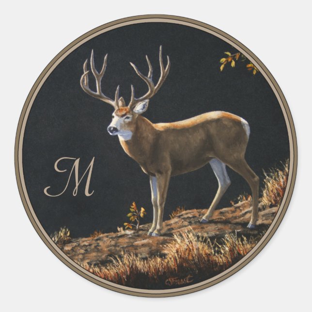 Mule Deer Buck Autumn Trophy Antlers Monogram Classic Round Sticker (Front)
