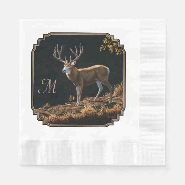 Mule Deer Buck Autumn Trophy Antlers Monogram Paper Napkins (Front)