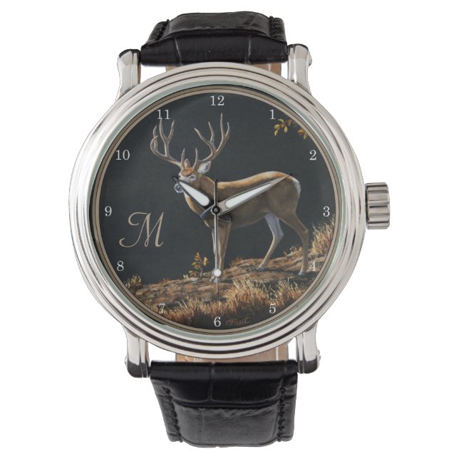 Mule Deer Buck Autumn Trophy Antlers Monogram Watch (Front)