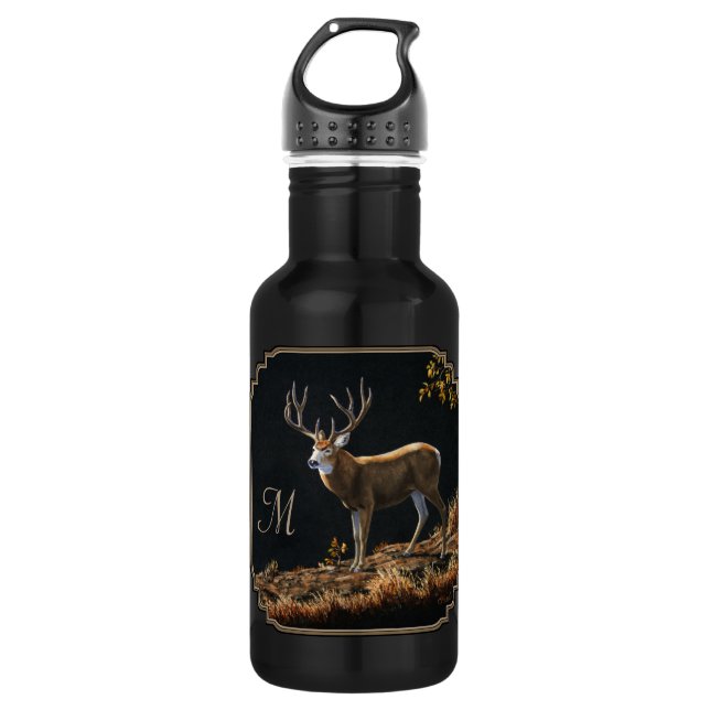 Mule Deer Buck Autumn Trophy Antlers Monogram Water Bottle (Front)