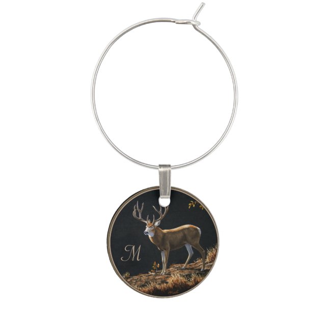 Mule Deer Buck Autumn Trophy Antlers Monogram Wine Charm (Front)