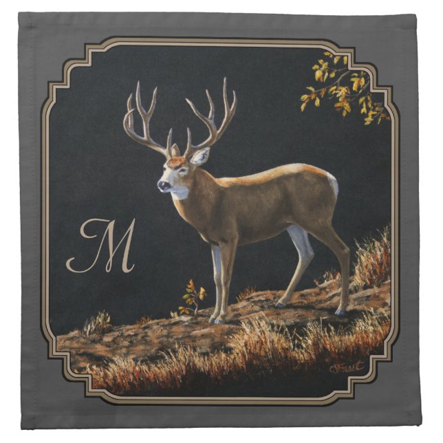 Mule Deer Buck Charcoal Gray Monogram Cloth Napkin (Front)