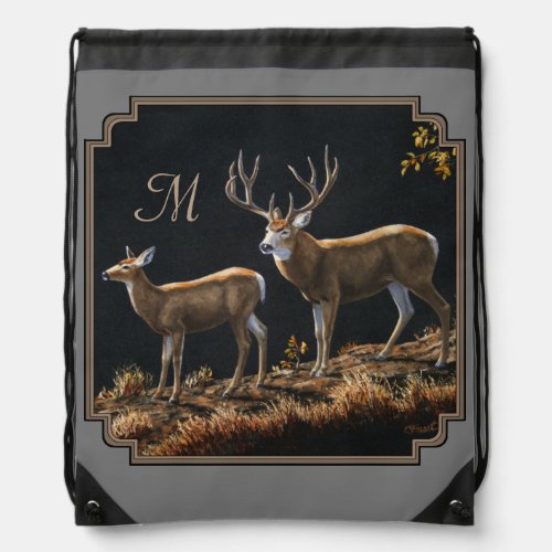 Mule Deer Buck Charcoal Gray Monogram Drawstring Bag