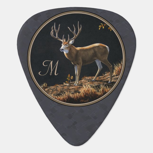 Mule Deer Buck Charcoal Gray Monogram Guitar Pick (Front)