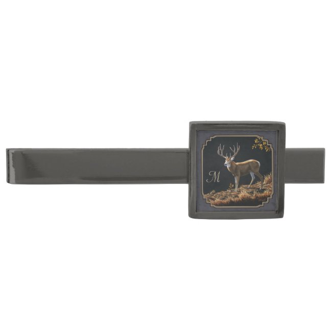 Mule Deer Buck Charcoal Gray Monogram Gunmetal Finish Tie Bar (Front)