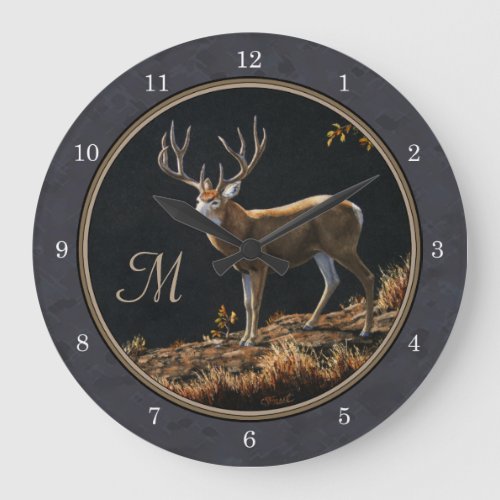 Mule Deer Buck Charcoal Gray Monogram Large Clock