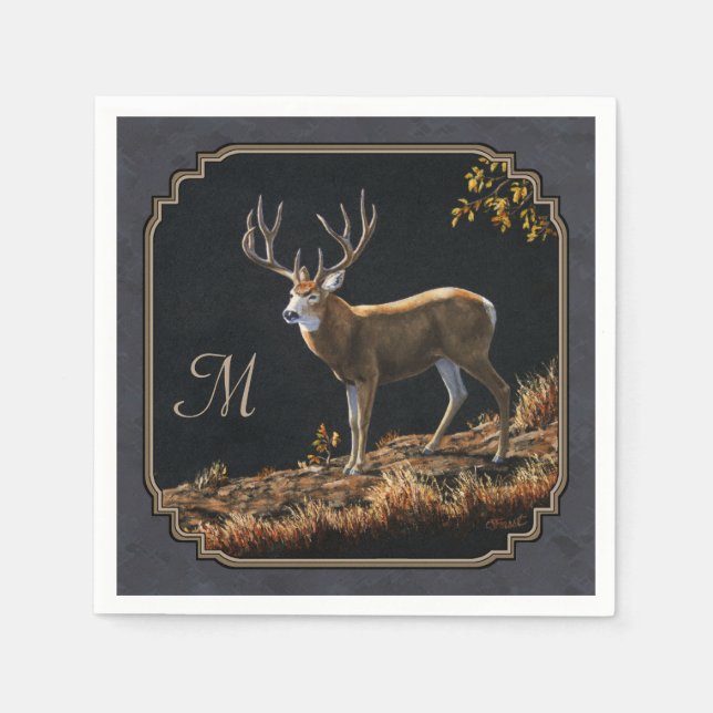 Mule Deer Buck Charcoal Gray Monogram Napkins (Front)