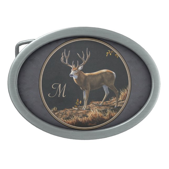 Mule Deer Buck Charcoal Gray Monogram Oval Belt Buckle (Front)