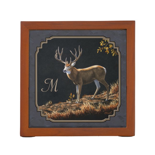 Mule Deer Buck Charcoal Gray Monogram Pencil/Pen Holder (Back)