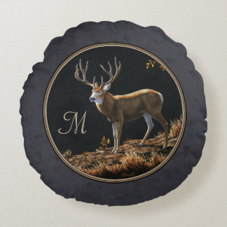 Mule Deer Buck Charcoal Gray Monogram Round Pillow
