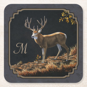 Mule Deer Buck Charcoal Gray Monogram Square Paper Coaster