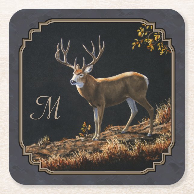Mule Deer Buck Charcoal Gray Monogram Square Paper Coaster (Front)