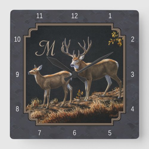 Mule Deer Buck Charcoal Gray Monogram Square Wall Clock