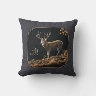 Mule Deer Buck Charcoal Gray Monogram Throw Pillow