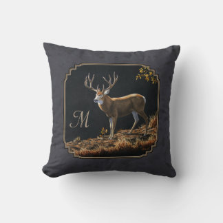 Mule Deer Buck Charcoal Gray Monogram Throw Pillow