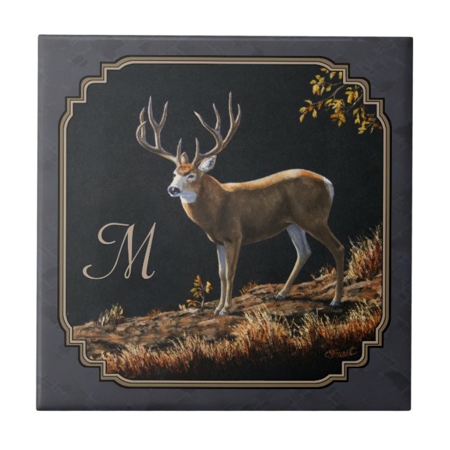 Mule Deer Buck Charcoal Gray Monogram Tile (Front)