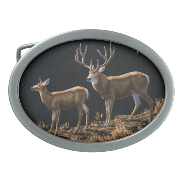 Mule Deer Buck & Doe Belt Buckle (Front)