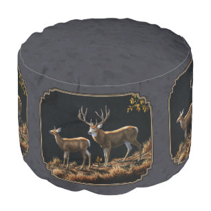 Mule Deer Buck & Doe Charcoal Gray Pouf