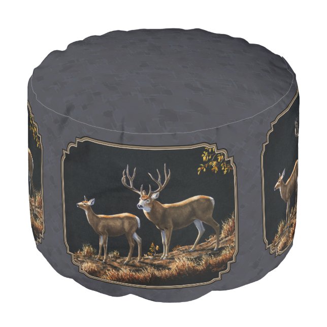 Mule Deer Buck & Doe Charcoal Gray Pouf (Angled Front)