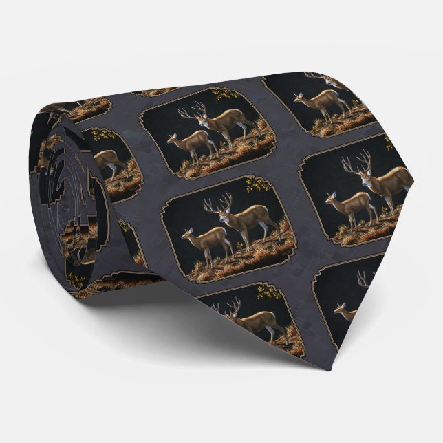 Mule Deer Buck & Doe Charcoal Gray Tie (Rolled)