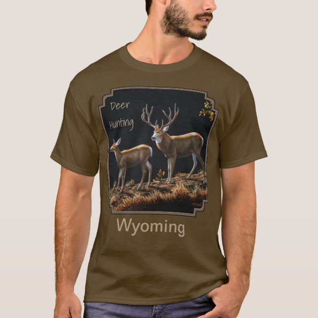 Mule Deer Buck & Doe Hunting Wyoming T-Shirt (Front)