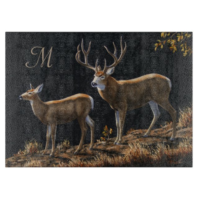Mule Deer Buck & Doe Monogram Cutting Board (Front)