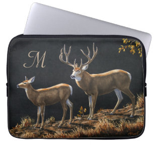 Mule Deer Buck & Doe Monogram Laptop Sleeve