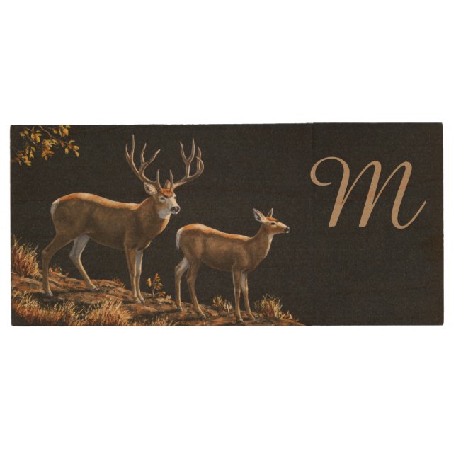 Mule Deer Buck & Doe Monogram Wood USB Flash Drive (Front)