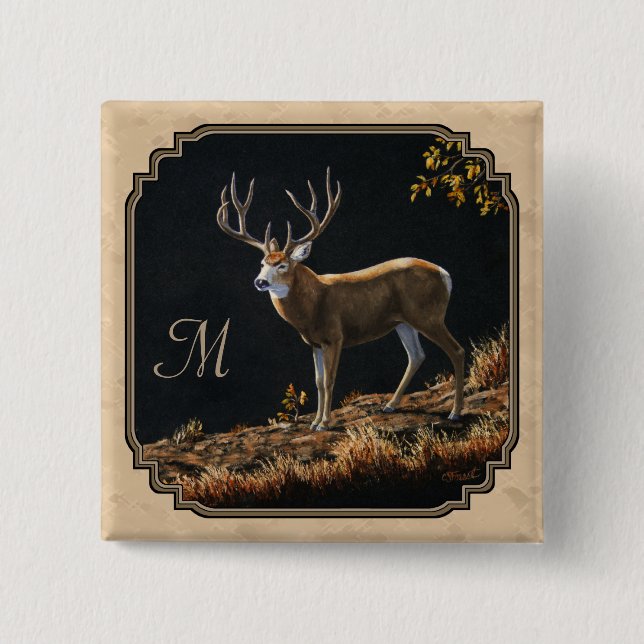 Mule Deer Buck Tan Monogram Button (Front)